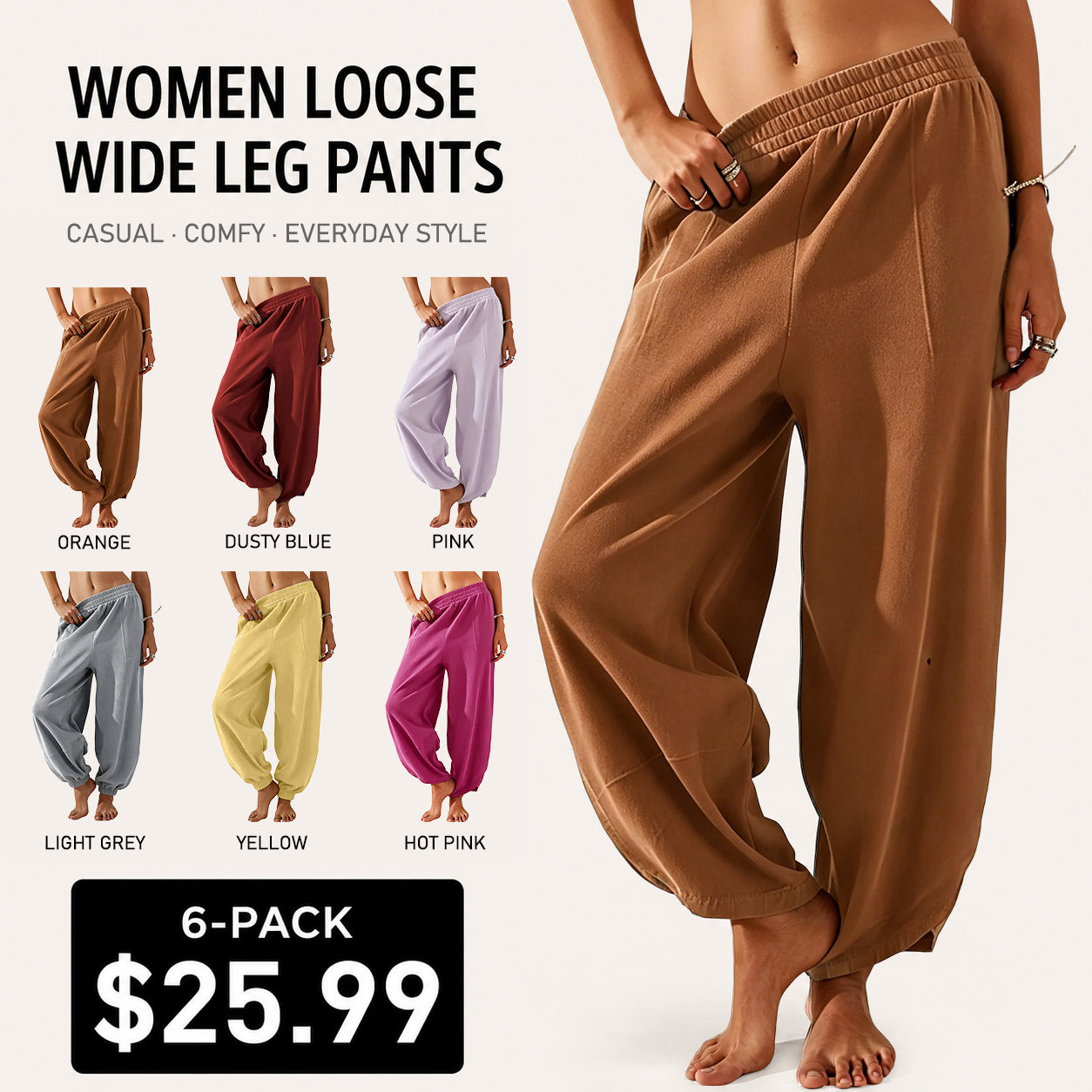 Women's Baggy Wide-Leg Pants - Casual, Elastic-Waisted, Bohemian Minimalist Basic Women's Clothes Bottom with Pockets