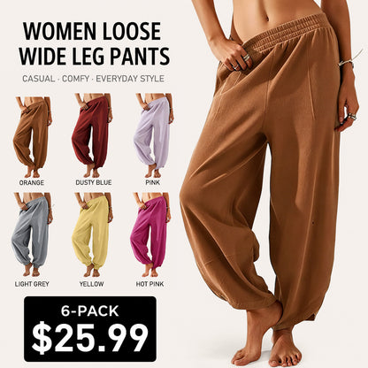 Women's Baggy Wide-Leg Pants - Casual, Elastic-Waisted, Bohemian Minimalist Basic Women's Clothes Bottom with Pockets