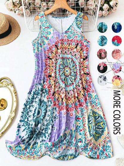 Women's Plus Size Boho Floral Print Tank Dress – Casual Sleeveless Loose Summer Vacation Dress