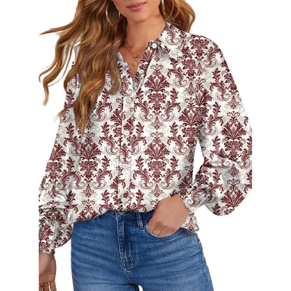 Women's Floral Chiffon Button Down Blouse – V Neck Long Sleeve Casual Boho Shirt