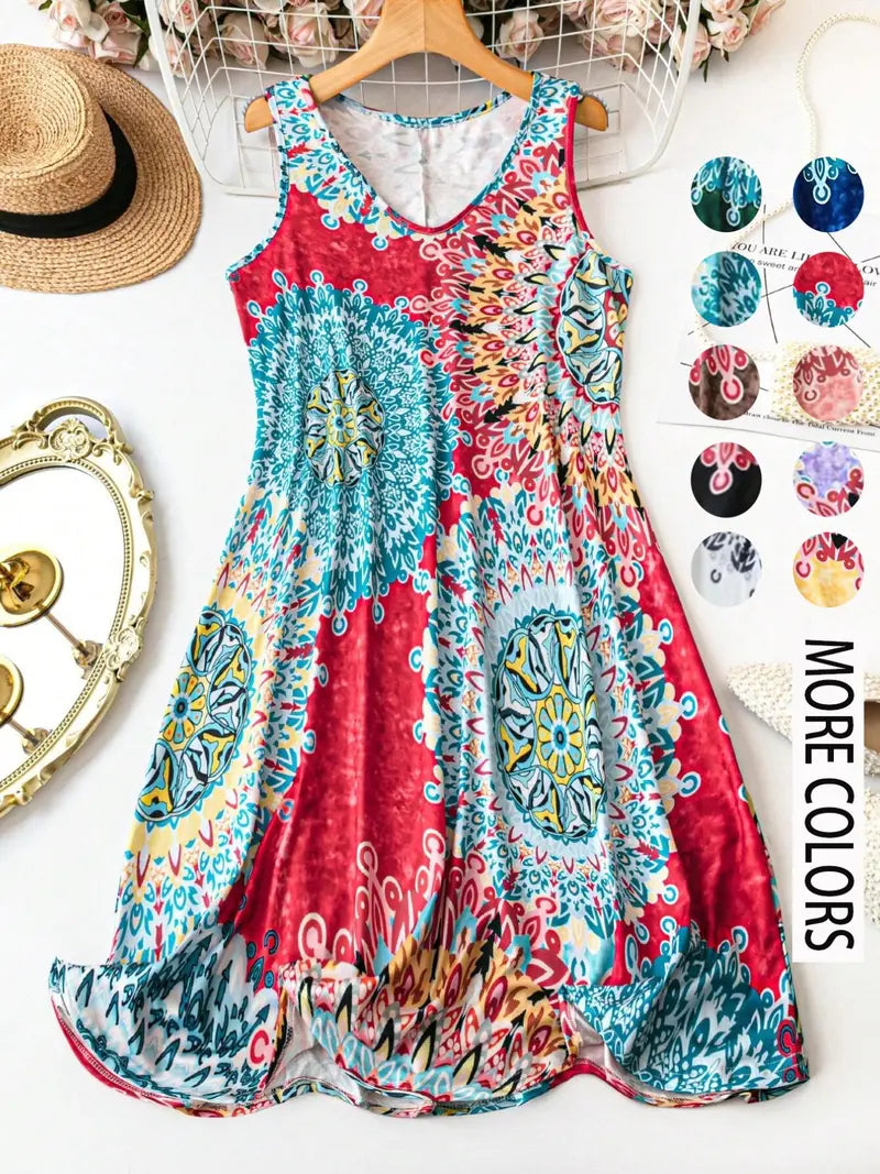 Women's Plus Size Boho Floral Print Tank Dress – Casual Sleeveless Loose Summer Vacation Dress