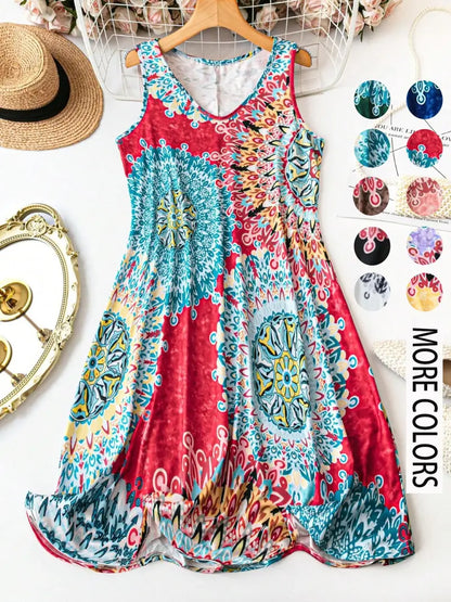 Women's Plus Size Boho Floral Print Tank Dress – Casual Sleeveless Loose Summer Vacation Dress