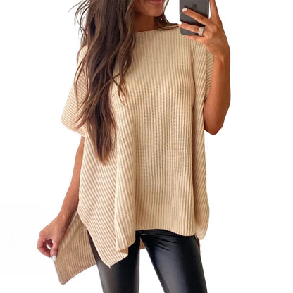 2026 SummerVibes Women's Crew Neck Batwing Short Sleeve Ribbed Knit Top - Oversized High Low Side Split Casual Pullover for Daily Outings summerwins