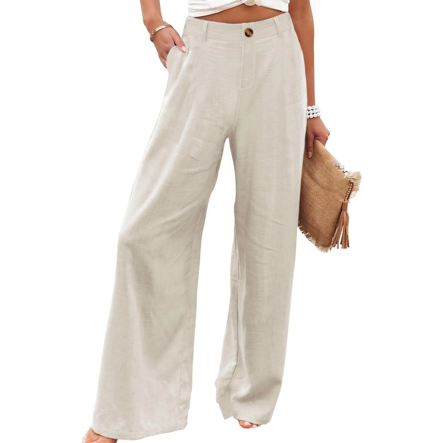 Women's Cotton Linen High Waisted Wide Leg Pants