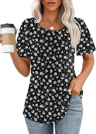 Women's Summer Pleated Blouse - Short Sleeve Scoop Neck Tunic, Dressy Casual Flare Top (S-4XL)