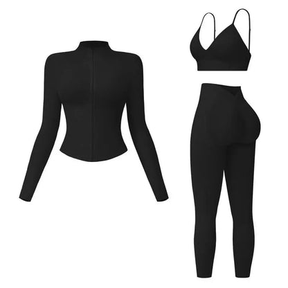 Women's tank top, high-waisted leggings, and zip-up jacket 3-piece sportswear set.
