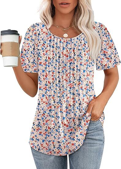 Women's Summer Pleated Blouse - Short Sleeve Scoop Neck Tunic, Dressy Casual Flare Top (S-4XL)