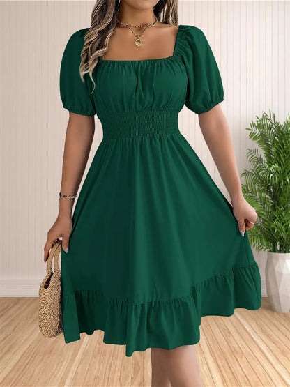 Floral Shirred Puff Sleeve A-Line Dress – Square Neck Ruffle Hem Summer Midi Dress for Women