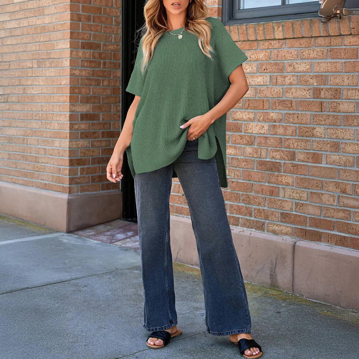 2026 SummerVibes Women's Crew Neck Batwing Short Sleeve Ribbed Knit Top - Oversized High Low Side Split Casual Pullover for Daily Outings summerwins