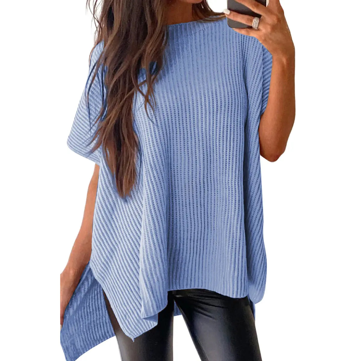 2026 SummerVibes Women's Crew Neck Batwing Short Sleeve Ribbed Knit Top - Oversized High Low Side Split Casual Pullover for Daily Outings summerwins