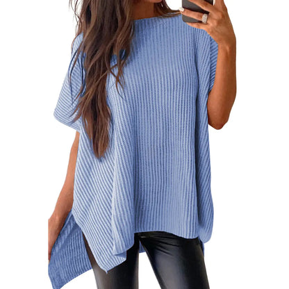 2026 SummerVibes Women's Crew Neck Batwing Short Sleeve Ribbed Knit Top - Oversized High Low Side Split Casual Pullover for Daily Outings summerwins