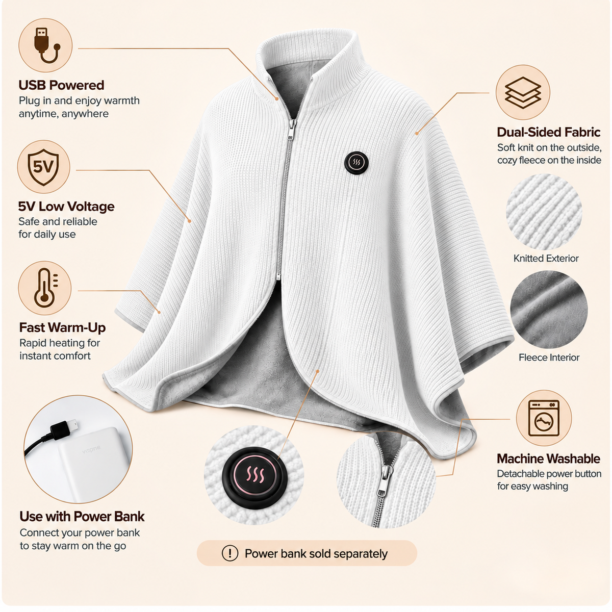 Wearable Heated Shawl 3 Heat Levels Portable Thermal Wrap