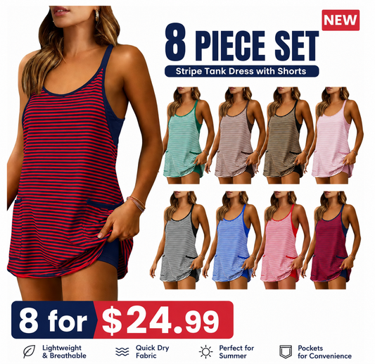 Women's Striped Romper Dress with Built-in Shorts | V-Neck Sleeveless Athletic Mini Dress for Beach, Vacation & Casual Summer Wear