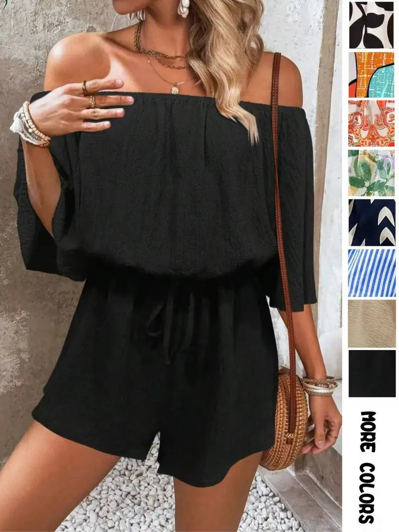 Boho Off Shoulder Romper for Women | Adjustable Tie Waist | Lightweight Summer Beach Vacation Jumpsuit