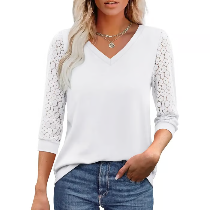 Womens 3/4 Length Sleeve Tops Trendy V Neck T Shirts