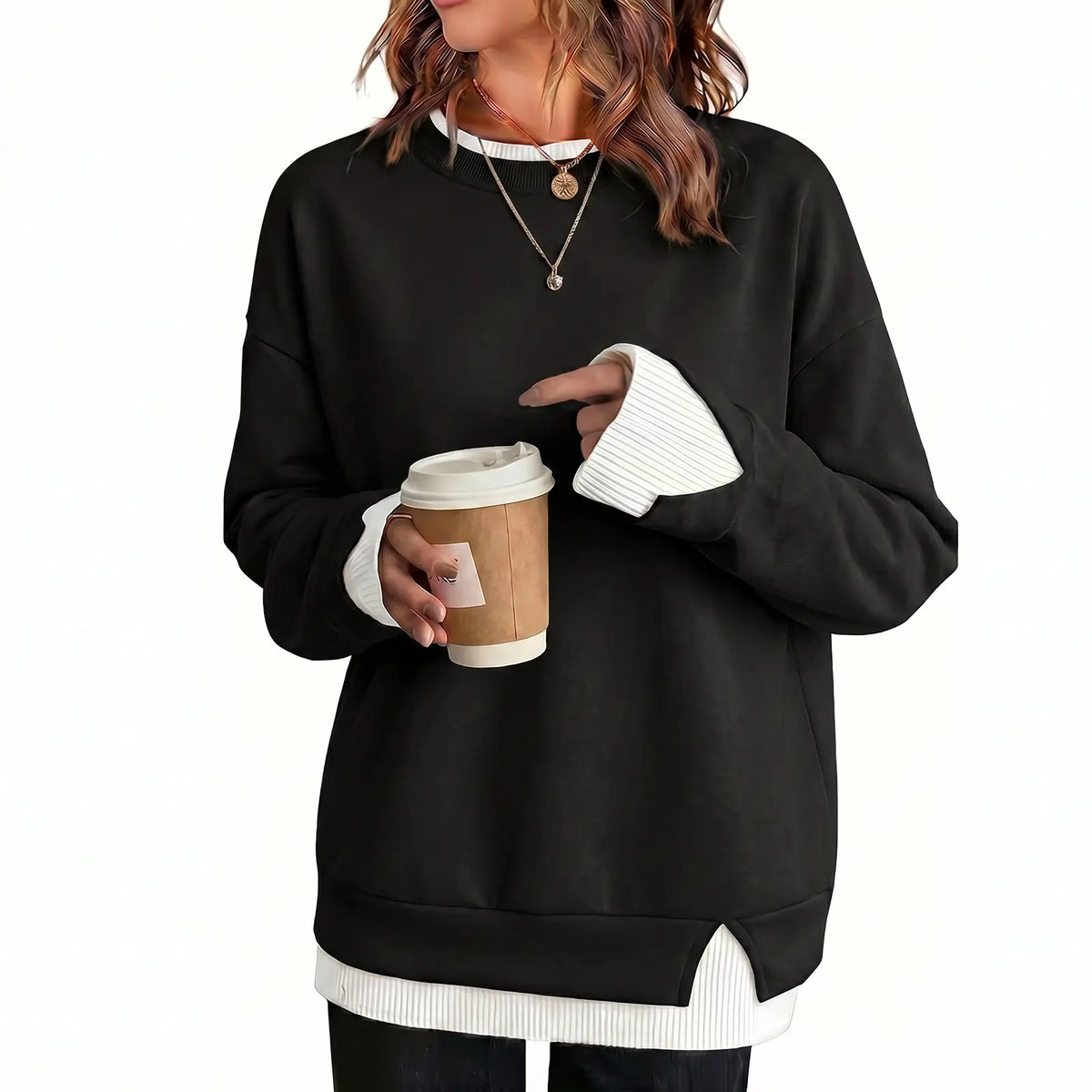 Women's Loose Fit Faux Two-Piece Crewneck Sweatshirt – Casual Layered Look Pullover