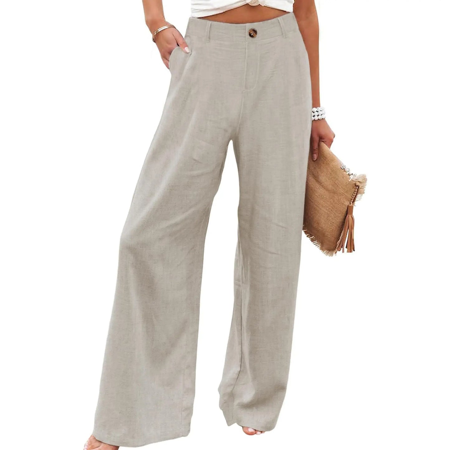 Women's Cotton Linen High Waisted Wide Leg Pants