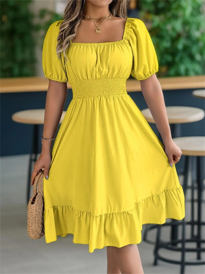 Floral Shirred Puff Sleeve A-Line Dress – Square Neck Ruffle Hem Summer Midi Dress for Women