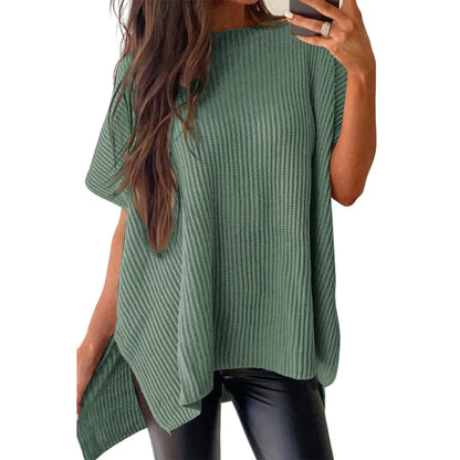 2026 SummerVibes Women's Crew Neck Batwing Short Sleeve Ribbed Knit Top - Oversized High Low Side Split Casual Pullover for Daily Outings summerwins