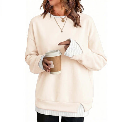 Women's Loose Fit Faux Two-Piece Crewneck Sweatshirt – Casual Layered Look Pullover