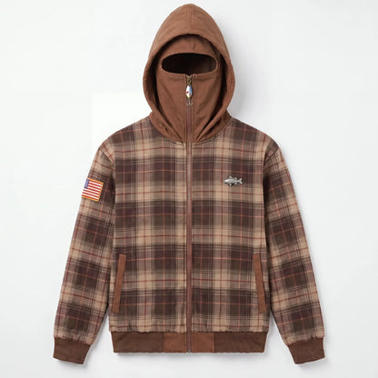Men's Vintage Plaid Full-Zip Hooded Jacket – High Neck Outdoor Casual Coat