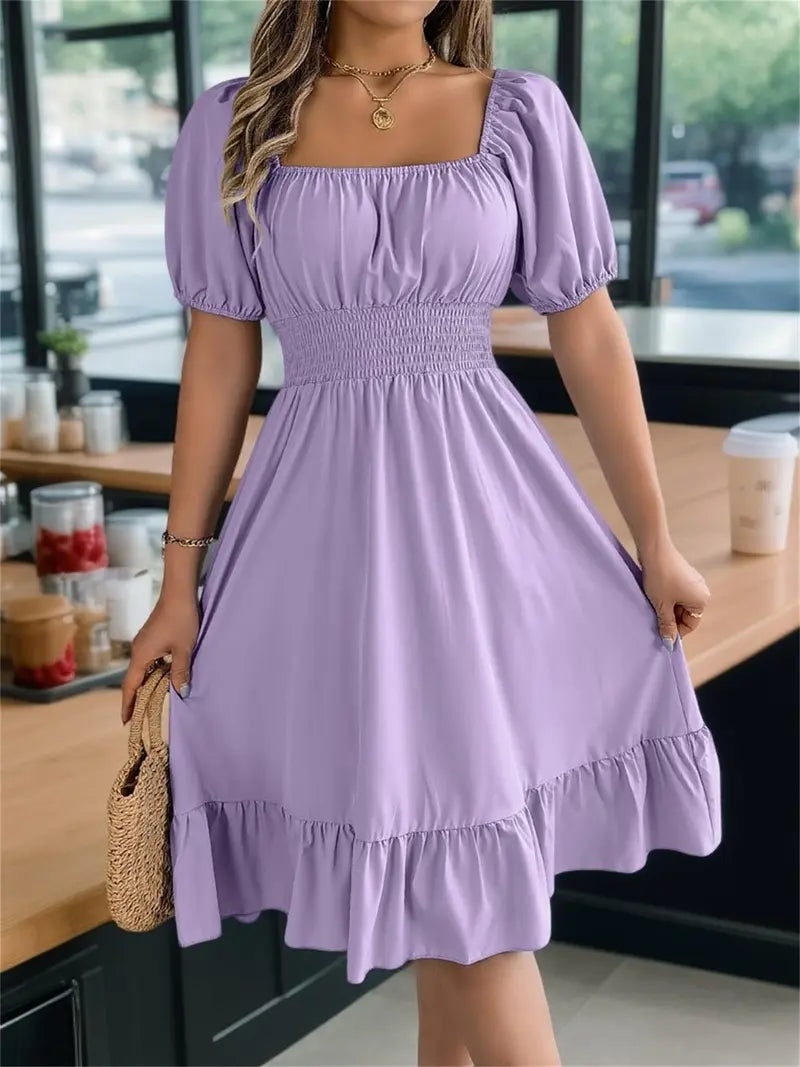 Floral Shirred Puff Sleeve A-Line Dress – Square Neck Ruffle Hem Summer Midi Dress for Women