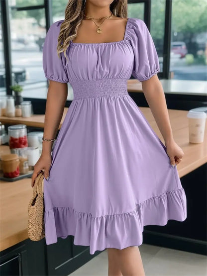 Floral Shirred Puff Sleeve A-Line Dress – Square Neck Ruffle Hem Summer Midi Dress for Women