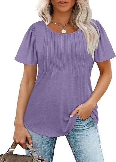 Women's Summer Pleated Blouse - Short Sleeve Scoop Neck Tunic, Dressy Casual Flare Top (S-4XL)