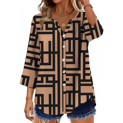 Women's V-Neck Button-Down Blouse, 3/4 Sleeve Loose Fit Business Casual Top