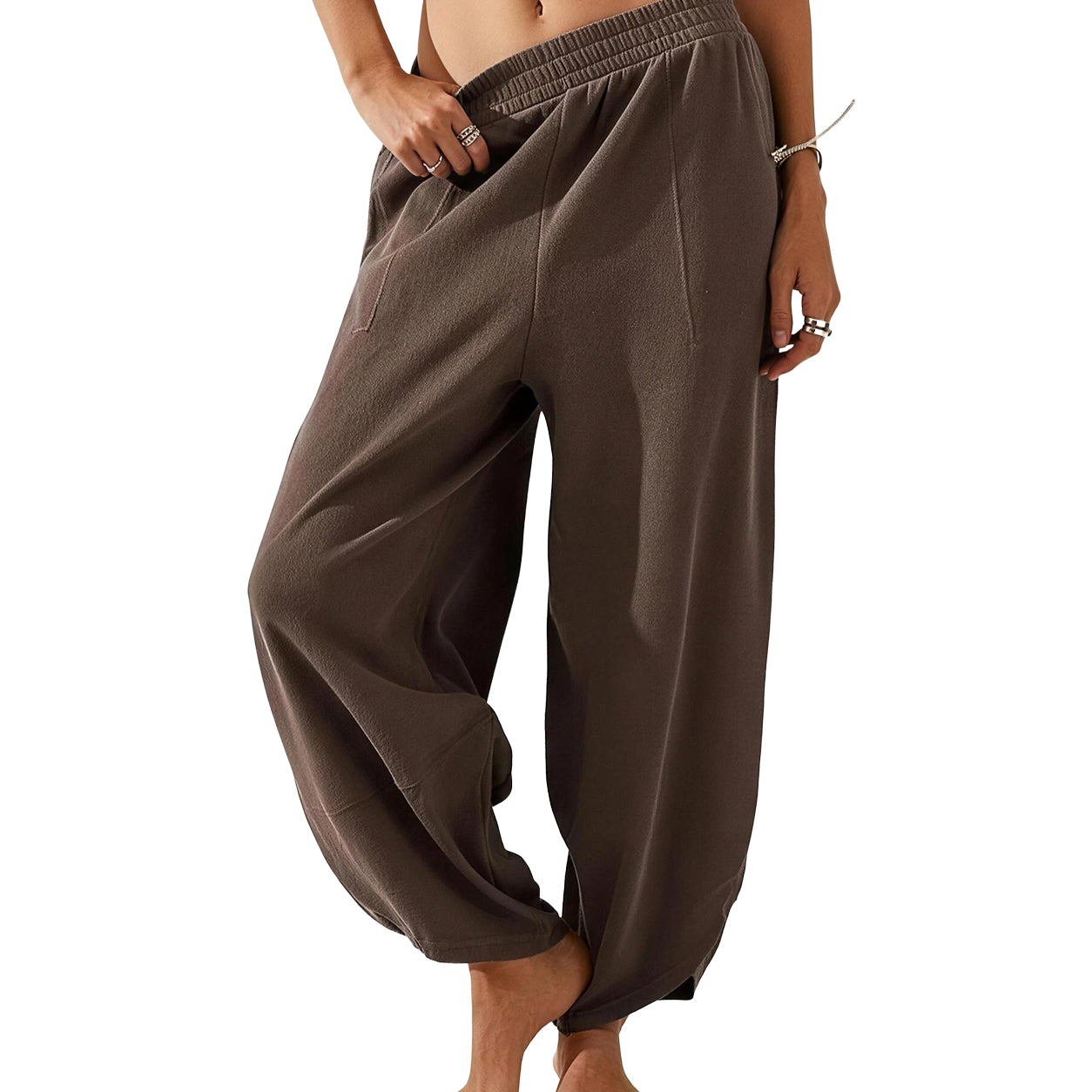 Women's Baggy Wide-Leg Pants - Casual, Elastic-Waisted, Bohemian Minimalist Basic Women's Clothes Bottom with Pockets