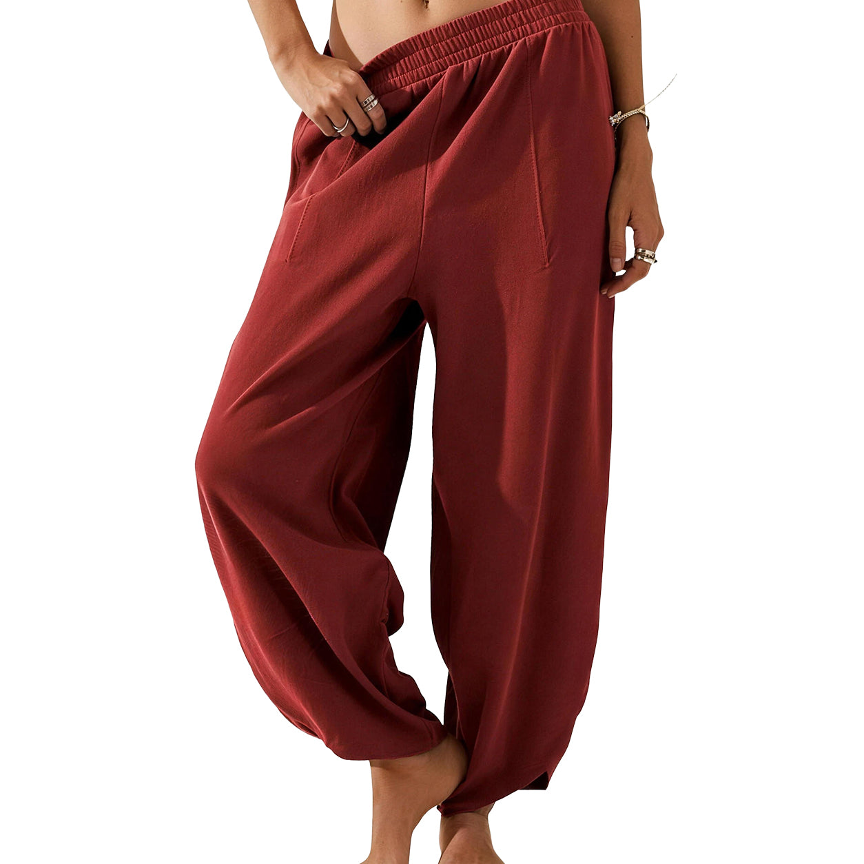 Women's Baggy Wide-Leg Pants - Casual, Elastic-Waisted, Bohemian Minimalist Basic Women's Clothes Bottom with Pockets