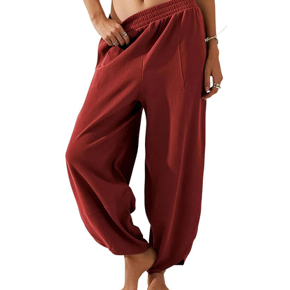 Women's Baggy Wide-Leg Pants - Casual, Elastic-Waisted, Bohemian Minimalist Basic Women's Clothes Bottom with Pockets