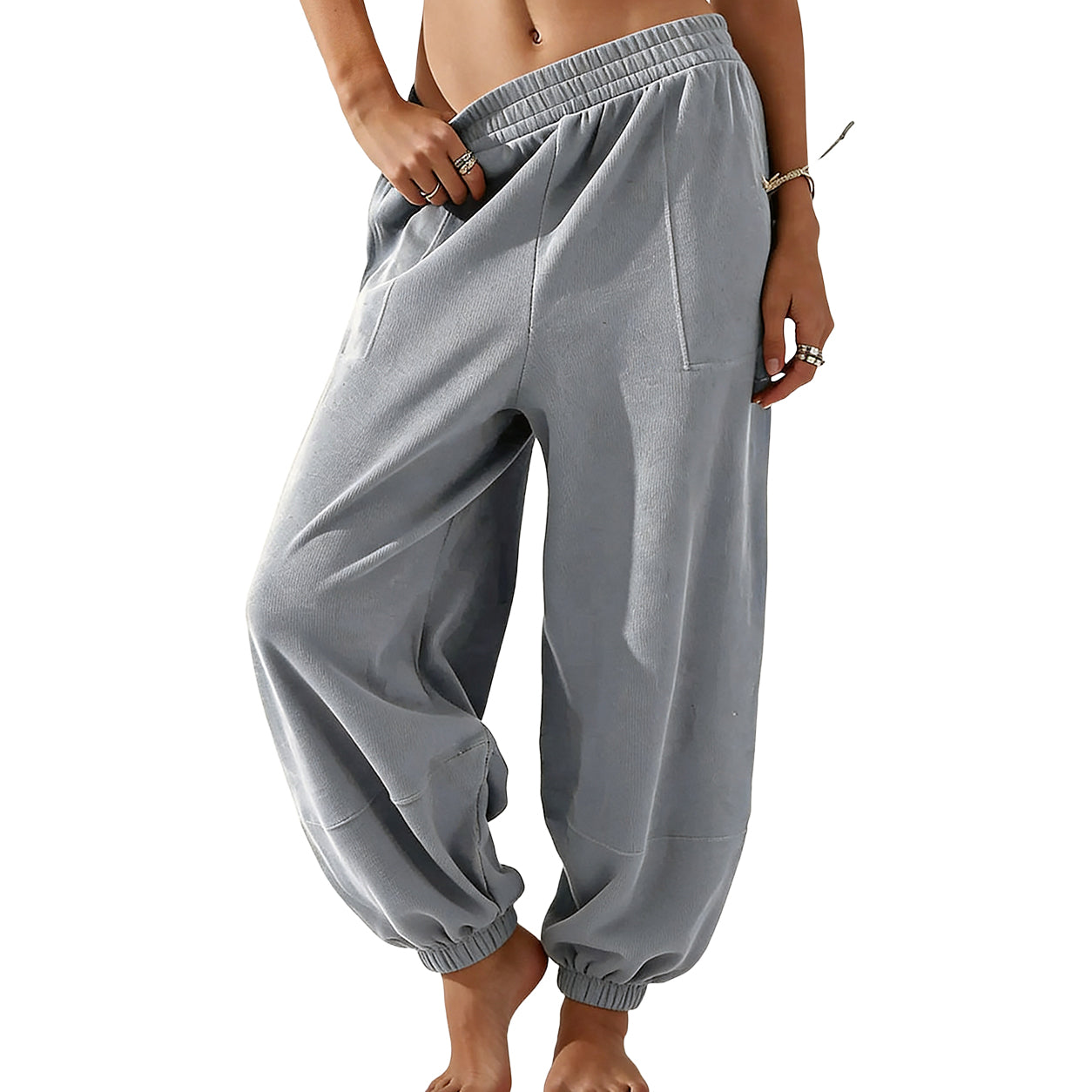 Women's Baggy Wide-Leg Pants - Casual, Elastic-Waisted, Bohemian Minimalist Basic Women's Clothes Bottom with Pockets