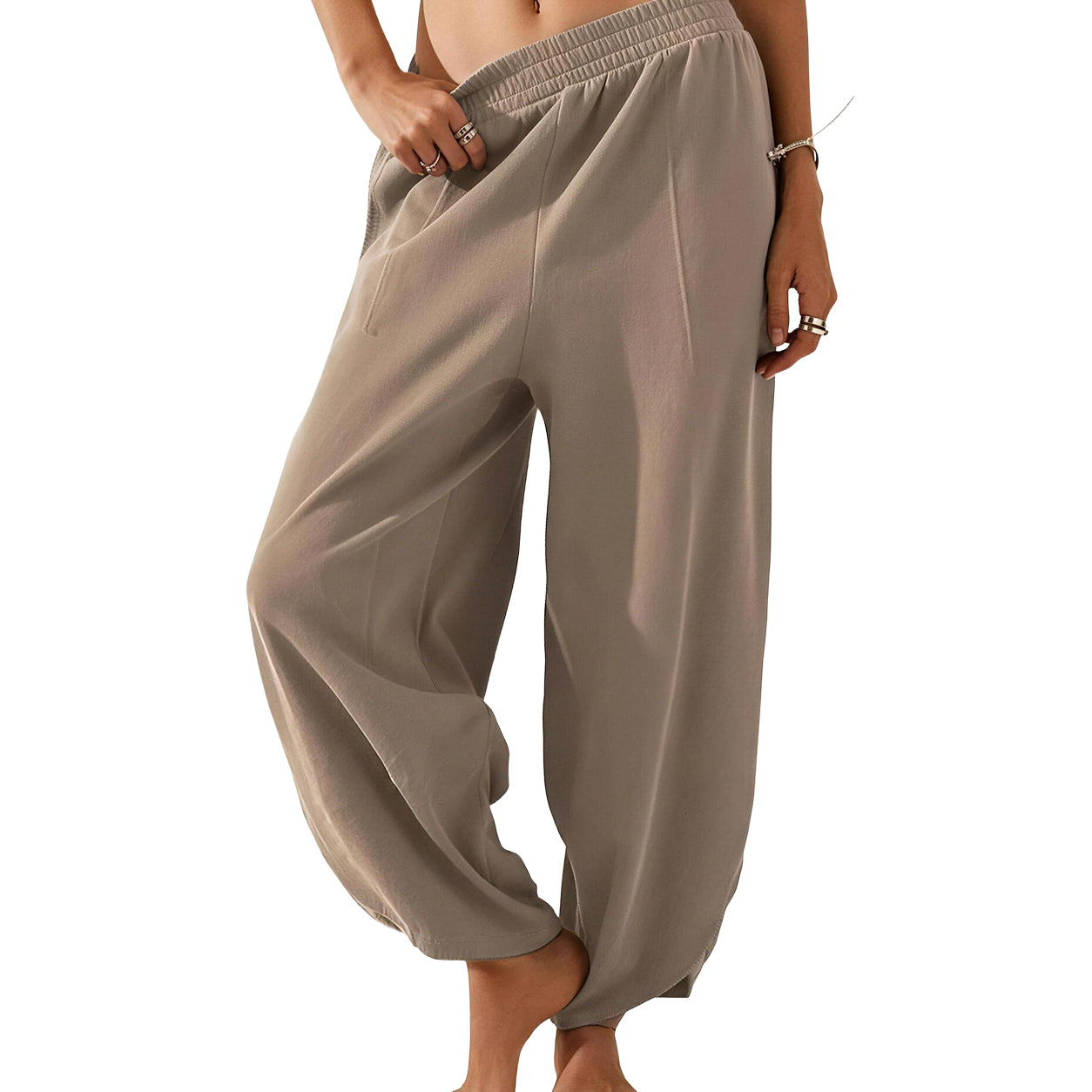 Women's Baggy Wide-Leg Pants - Casual, Elastic-Waisted, Bohemian Minimalist Basic Women's Clothes Bottom with Pockets