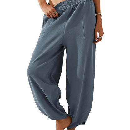 Women's Baggy Wide-Leg Pants - Casual, Elastic-Waisted, Bohemian Minimalist Basic Women's Clothes Bottom with Pockets