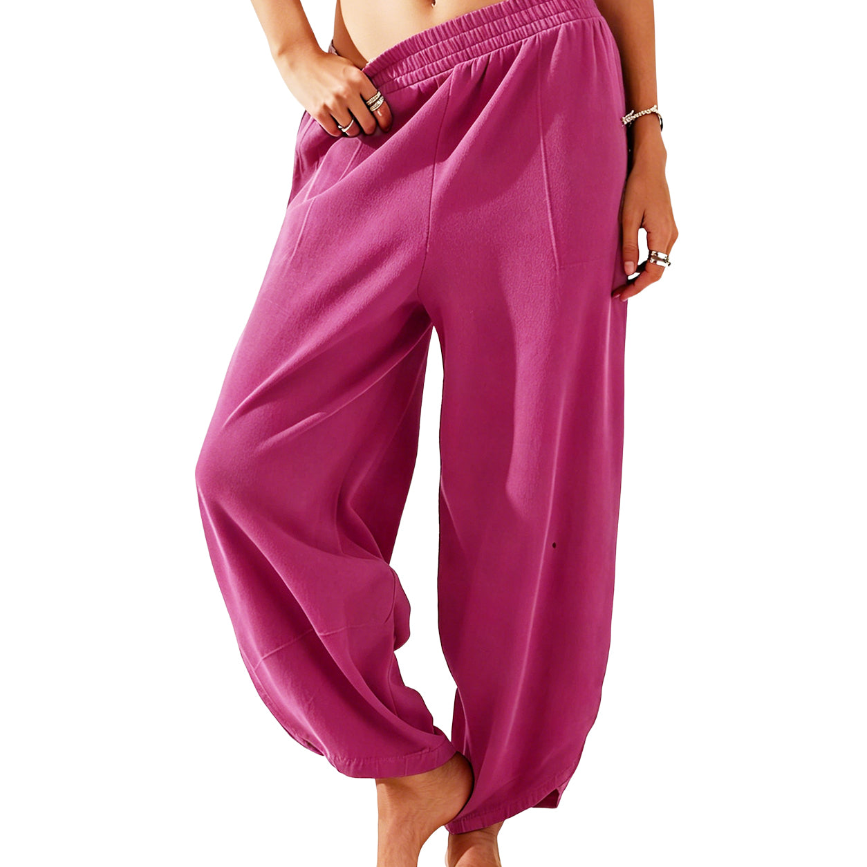 Women's Baggy Wide-Leg Pants - Casual, Elastic-Waisted, Bohemian Minimalist Basic Women's Clothes Bottom with Pockets