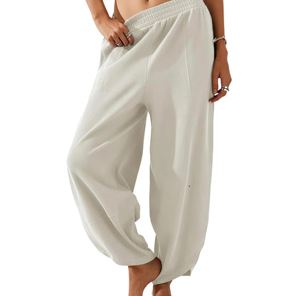 Women's Baggy Wide-Leg Pants - Casual, Elastic-Waisted, Bohemian Minimalist Basic Women's Clothes Bottom with Pockets