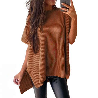 2026 SummerVibes Women's Crew Neck Batwing Short Sleeve Ribbed Knit Top - Oversized High Low Side Split Casual Pullover for Daily Outings summerwins