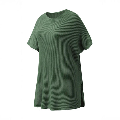 2026 SummerVibes Women's Crew Neck Batwing Short Sleeve Ribbed Knit Top - Oversized High Low Side Split Casual Pullover for Daily Outings summerwins
