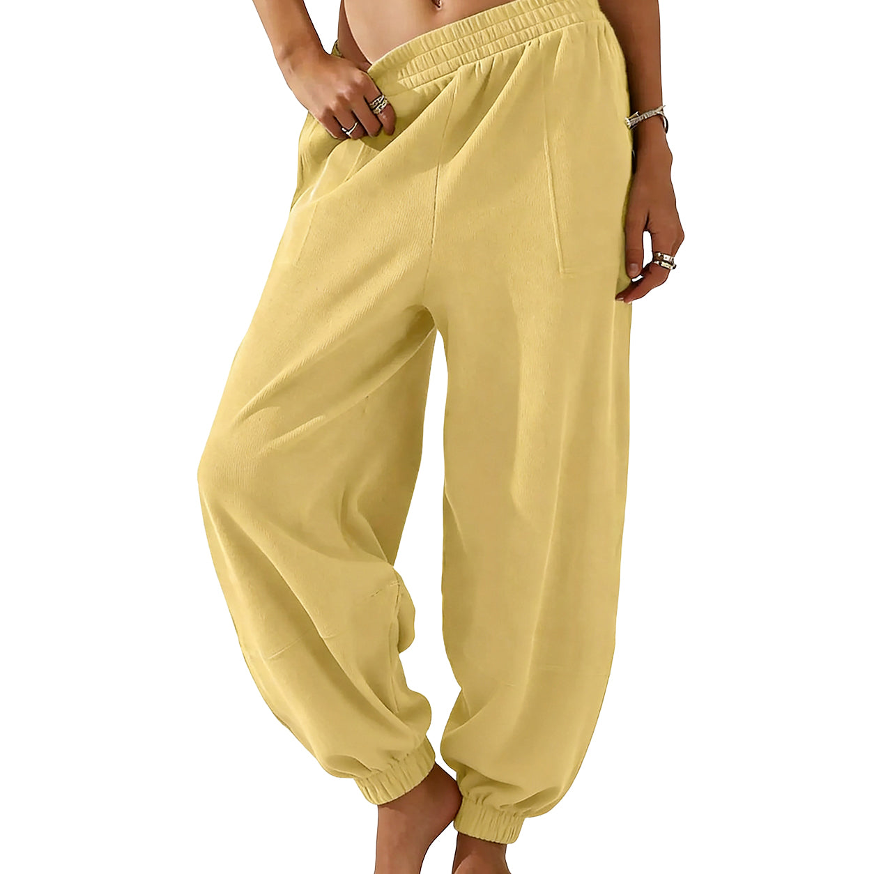 Women's Baggy Wide-Leg Pants - Casual, Elastic-Waisted, Bohemian Minimalist Basic Women's Clothes Bottom with Pockets