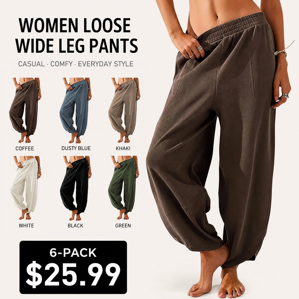 Women's Baggy Wide-Leg Pants - Casual, Elastic-Waisted, Bohemian Minimalist Basic Women's Clothes Bottom with Pockets