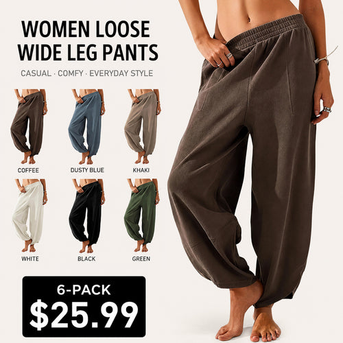 Women's Baggy Wide-Leg Pants - Casual, Elastic-Waisted, Bohemian Minimalist Basic Women's Clothes Bottom with Pockets