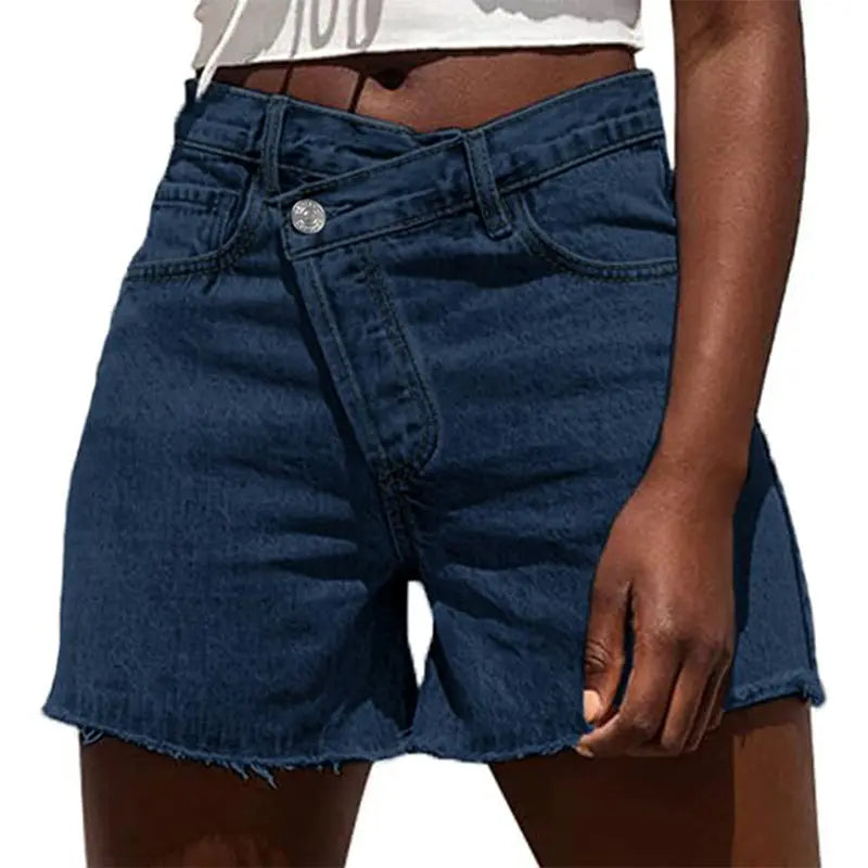 Women Crossover High Waisted Jeans Shorts Stretchy Casual Denim Shorts Boyfriend Summer Womenswear Streetwear Bottom Fit Ripped Style Chic