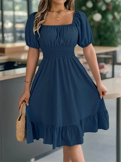 Floral Shirred Puff Sleeve A-Line Dress – Square Neck Ruffle Hem Summer Midi Dress for Women