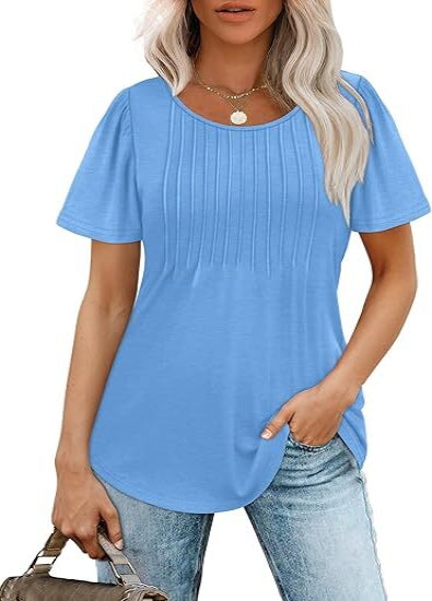 Women's Summer Pleated Blouse - Short Sleeve Scoop Neck Tunic, Dressy Casual Flare Top (S-4XL)