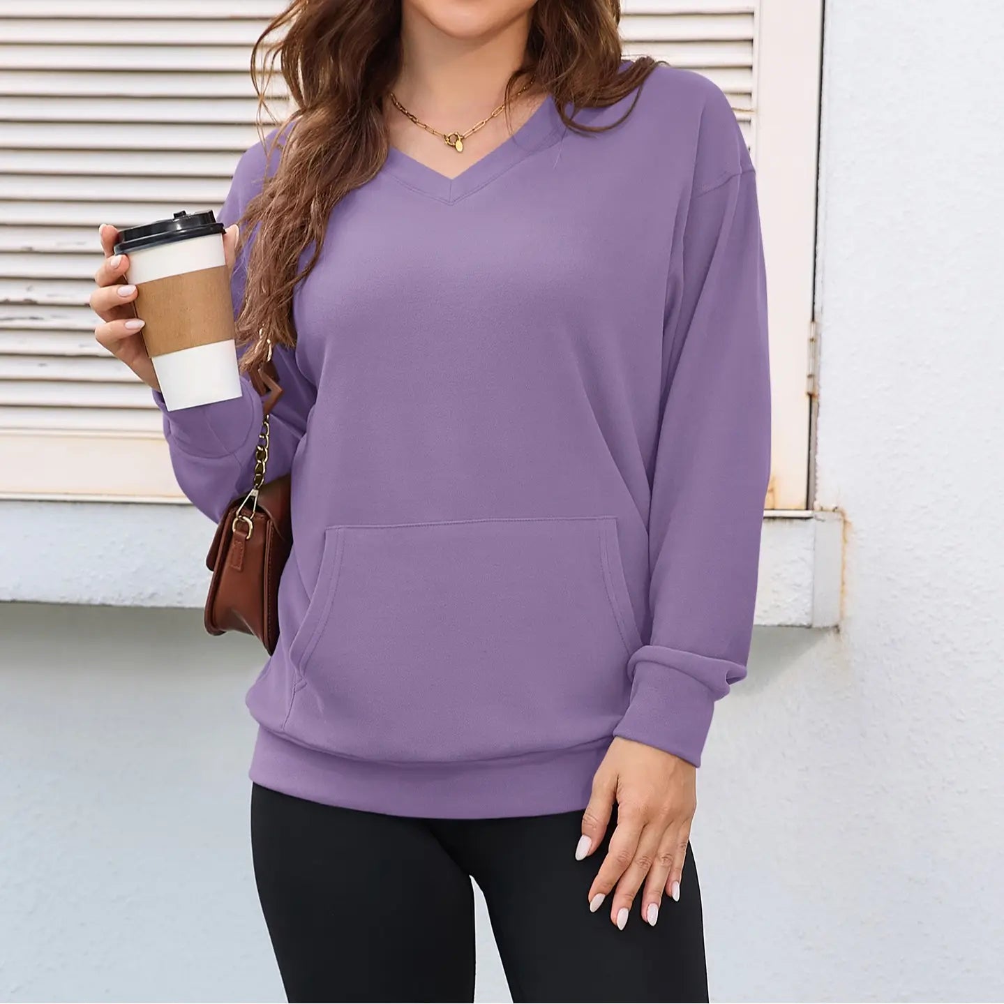 Women's V Neck Sweatshirt with Kangaroo Pocket, Fleece Long Sleeve Oversized Pullover, Casual Hoodless Top