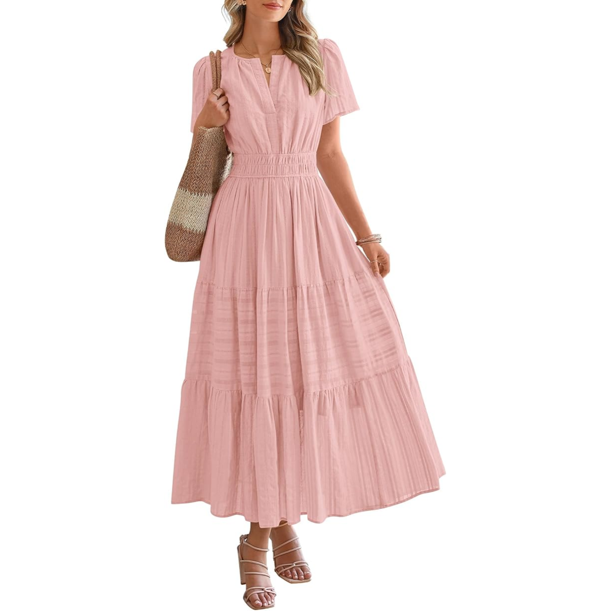 Women's Casual Maxi Dress – V Neck Short Sleeve Elastic Waist A-Line Dress with Pockets