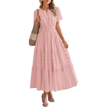Women's Casual Maxi Dress – V Neck Short Sleeve Elastic Waist A-Line Dress with Pockets