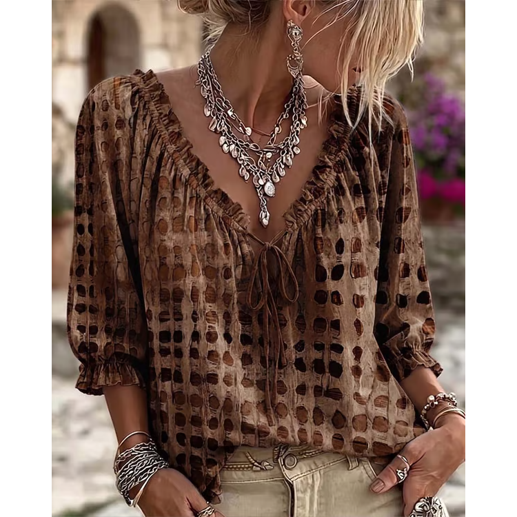Women's 3/4 Sleeve V-Neck Polka Dot Lace-Up Blouse – Lightweight Casual Ruffle Top