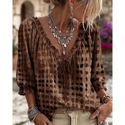 Women's 3/4 Sleeve V-Neck Polka Dot Lace-Up Blouse – Lightweight Casual Ruffle Top